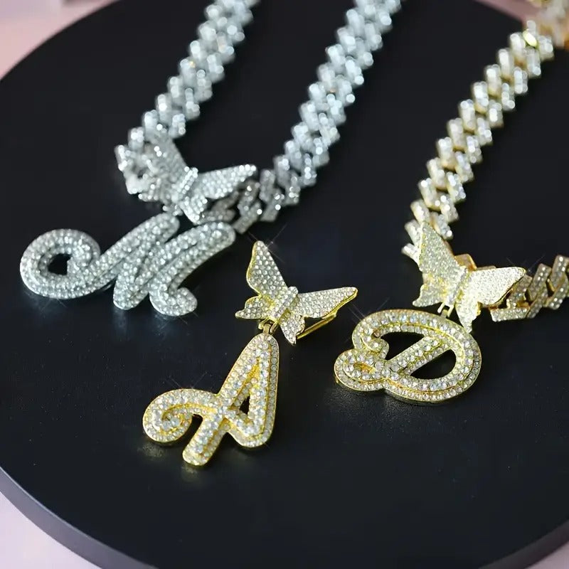 2PC Butterfly Initial Pendant Cuban Chain Set