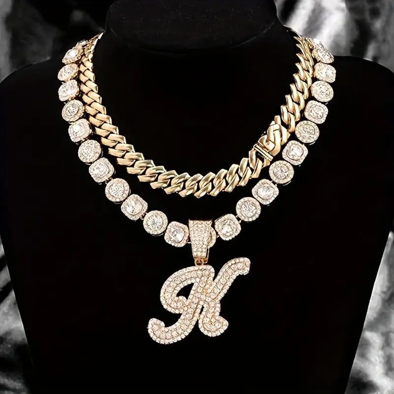 3PC Initial Pendant Cuban Chain Set