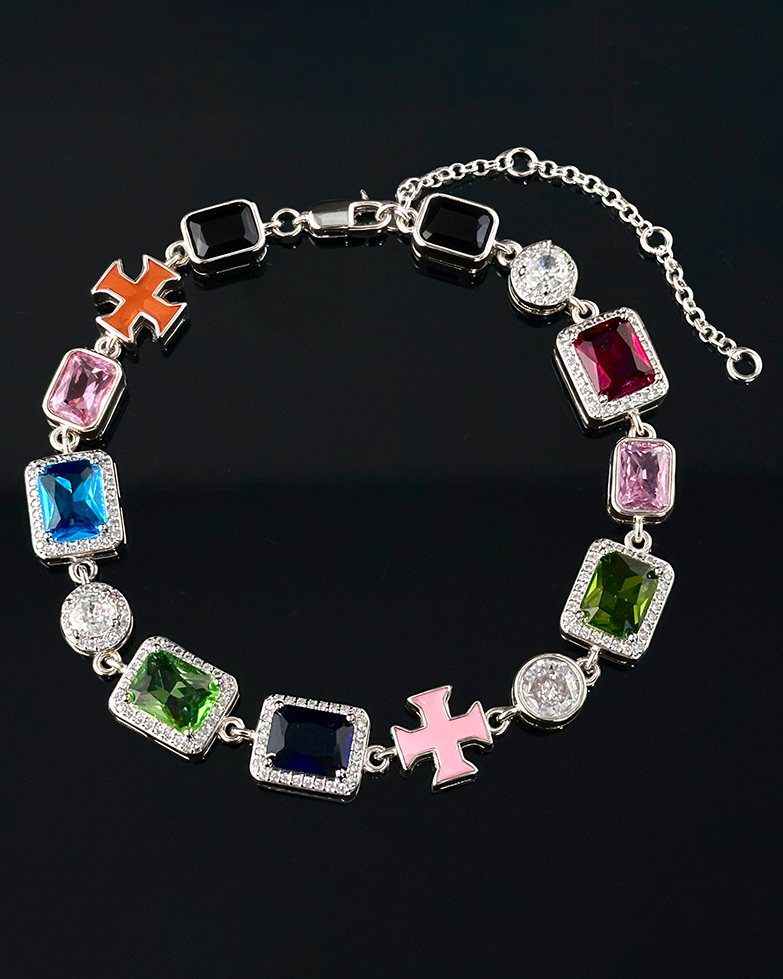 Multicolored Gemstones Enamel Cross Bracelet Set