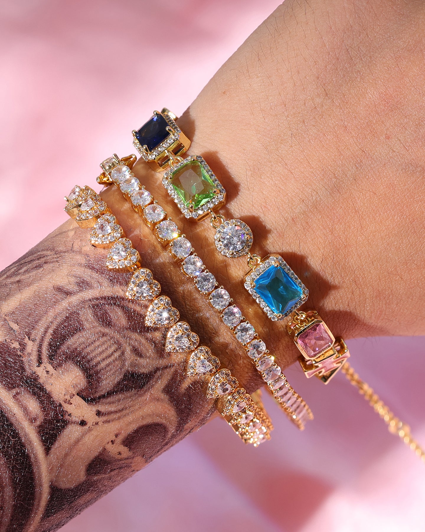 Multicolored Gemstones Enamel Cross Bracelet Set