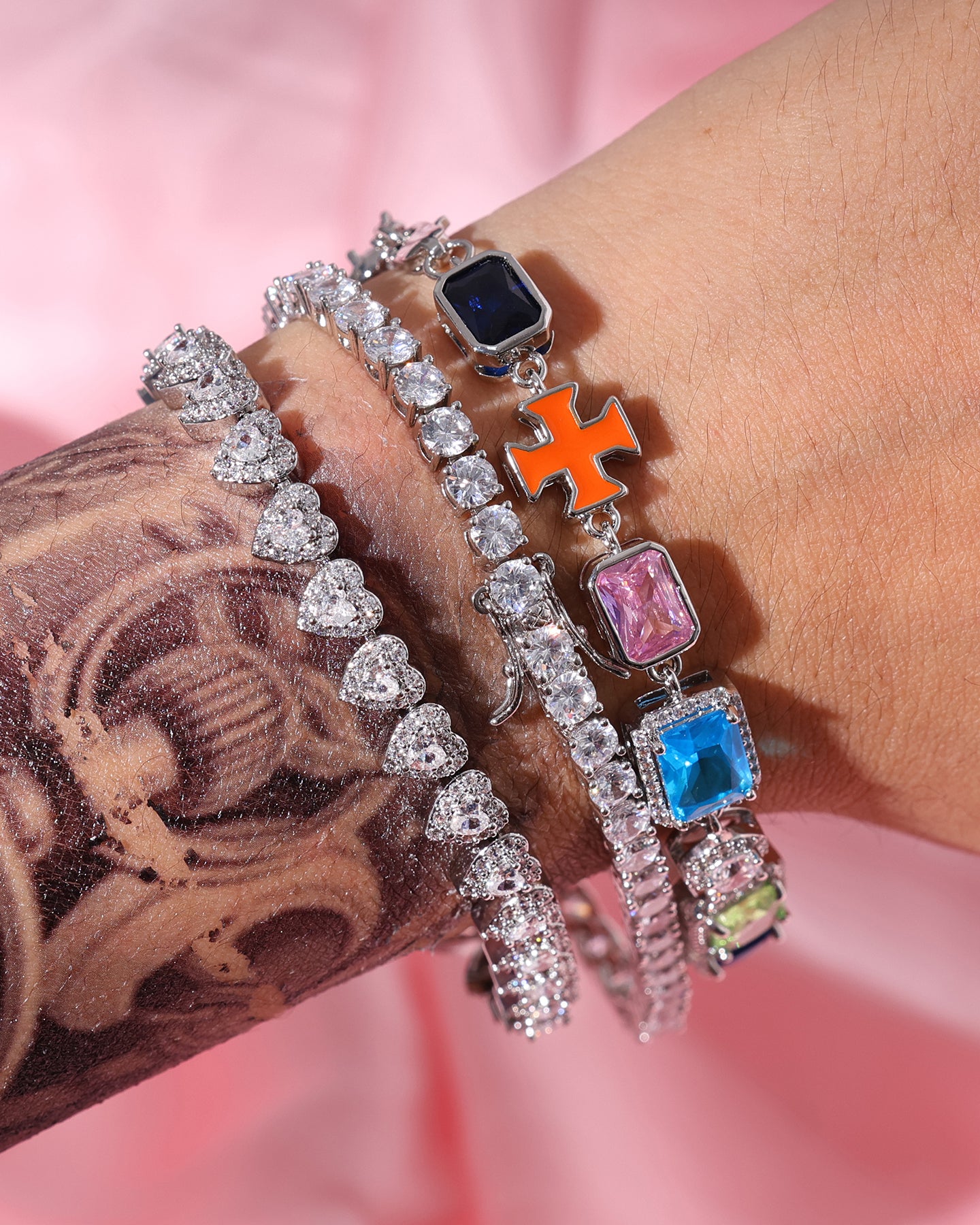 Multicolored Gemstones Enamel Cross Bracelet Set