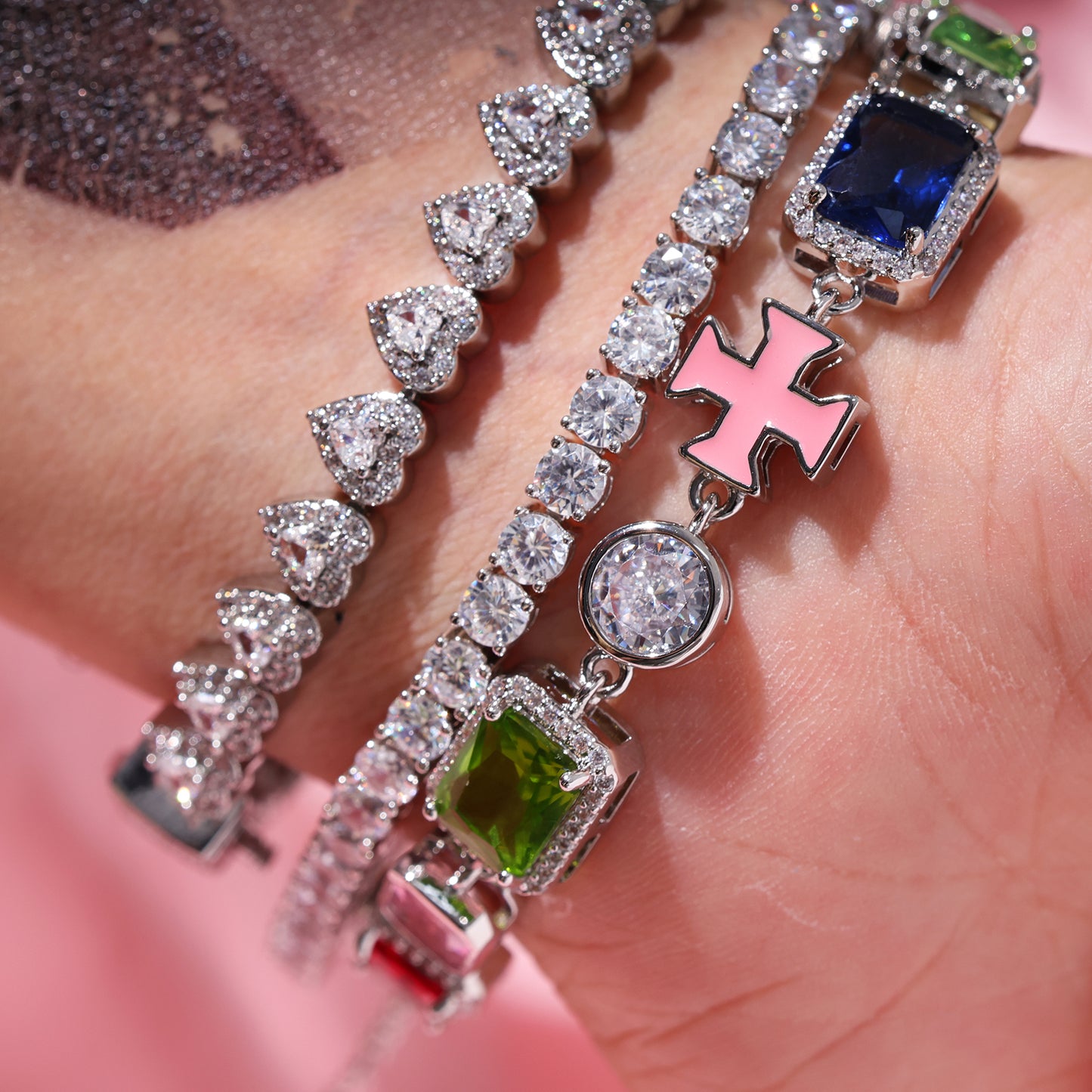 Multicolored Gemstones Enamel Cross Bracelet Set