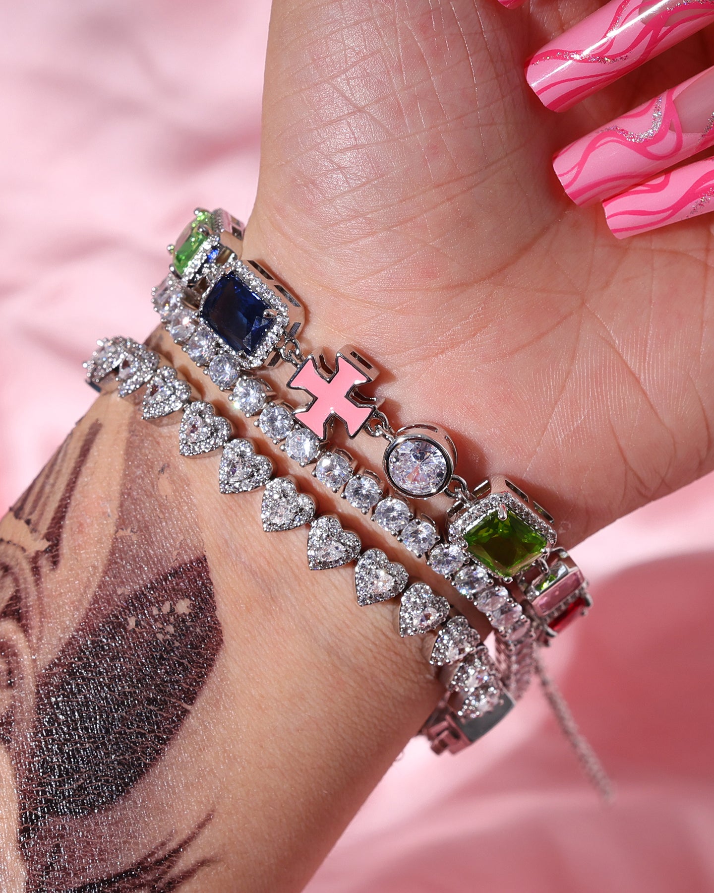 Multicolored Gemstones Enamel Cross Bracelet Set