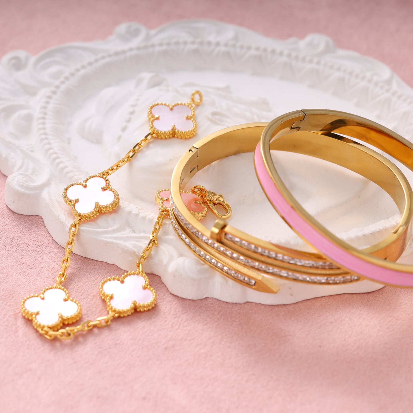 Pink and Gold Clover Bracelet Set