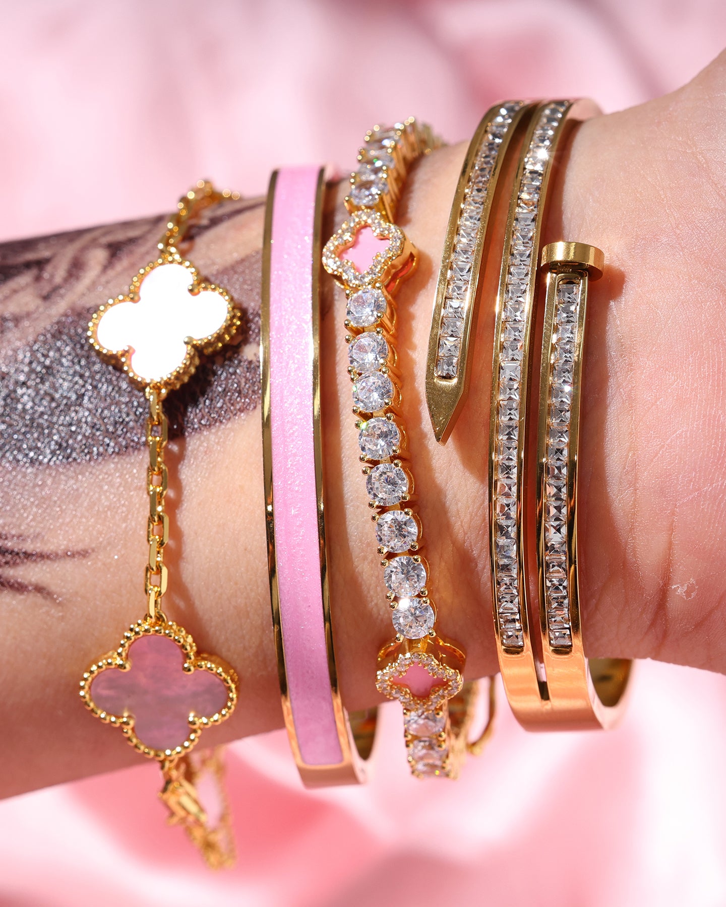 Pink and Gold Clover Bracelet Set