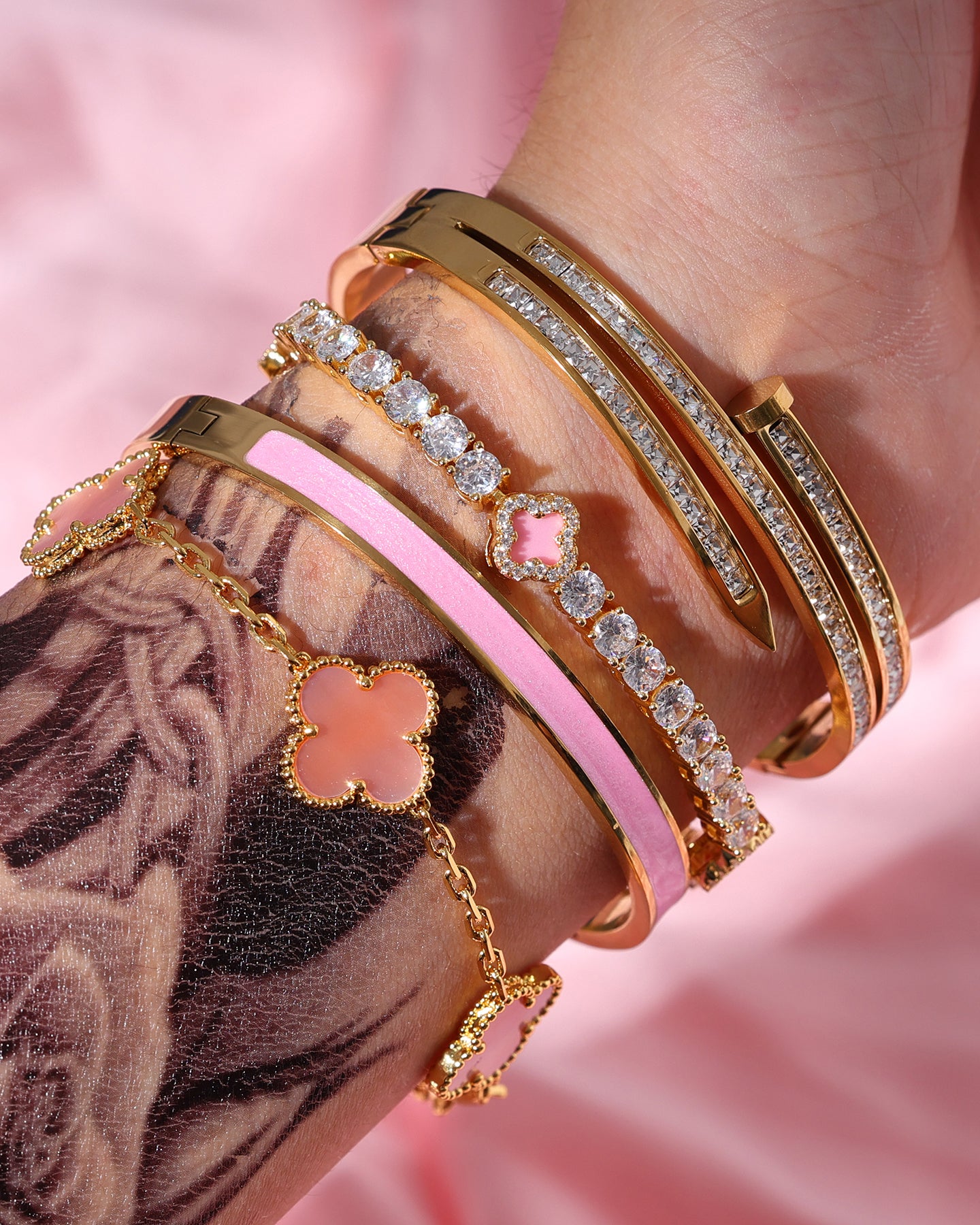 Pink and Gold Clover Bracelet Set