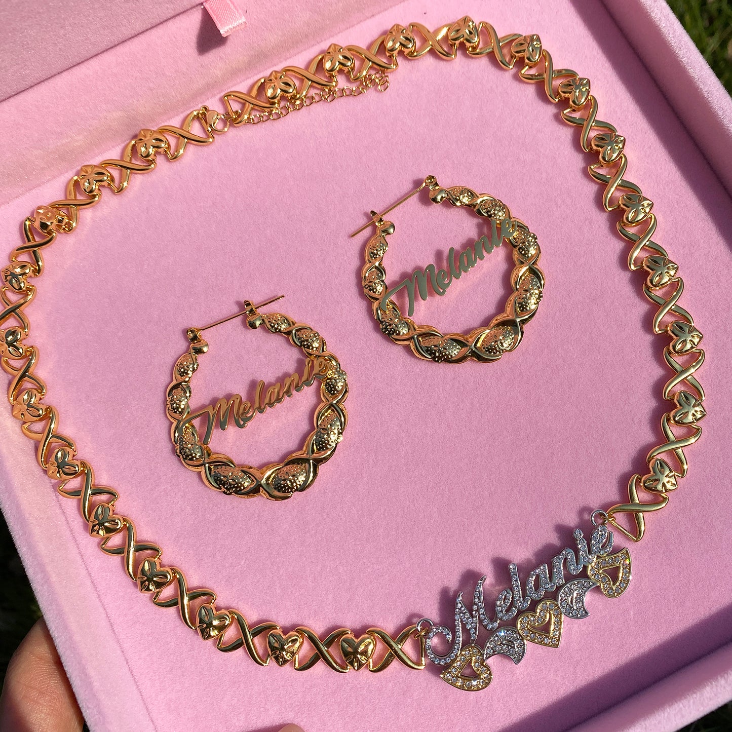 Two Tone XOXO Nameplate & Earring