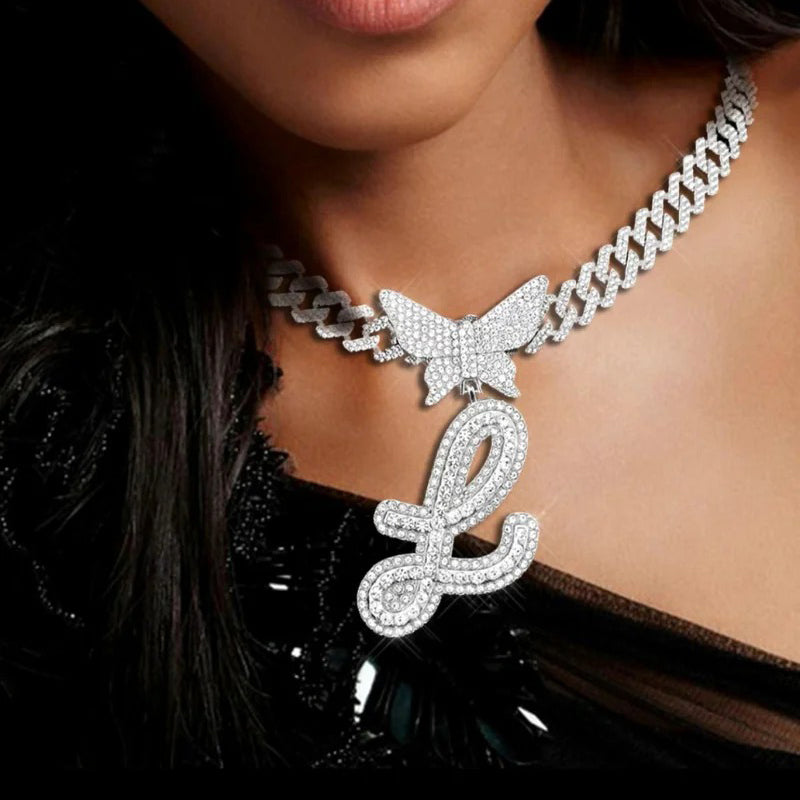 2PC Butterfly Initial Pendant Cuban Chain Set