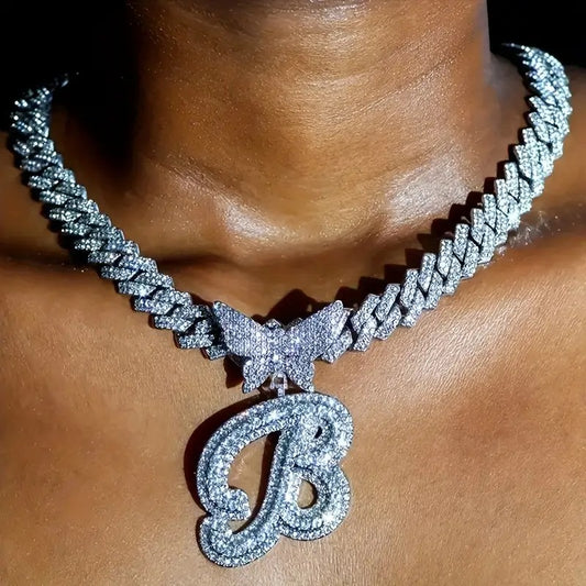 2PC Butterfly Initial Pendant Cuban Chain Set
