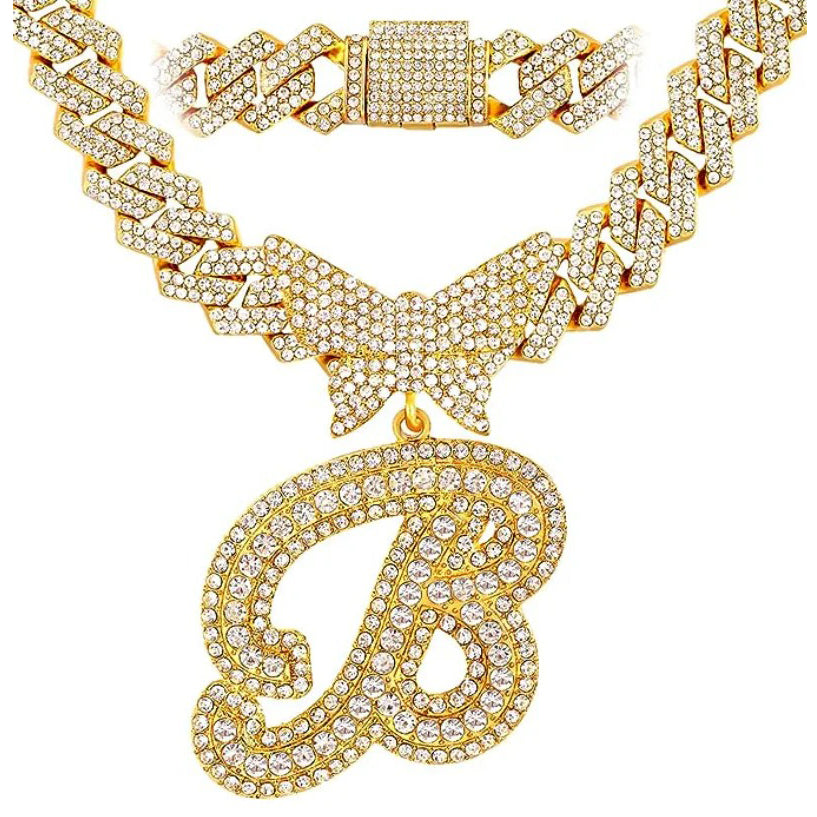 2PC Butterfly Initial Pendant Cuban Chain Set
