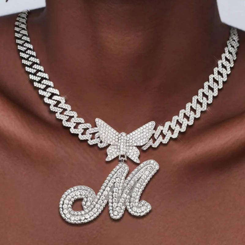 2PC Butterfly Initial Pendant Cuban Chain Set