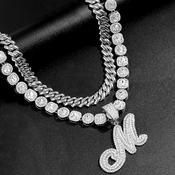 3PC Initial Pendant Cuban Chain Set