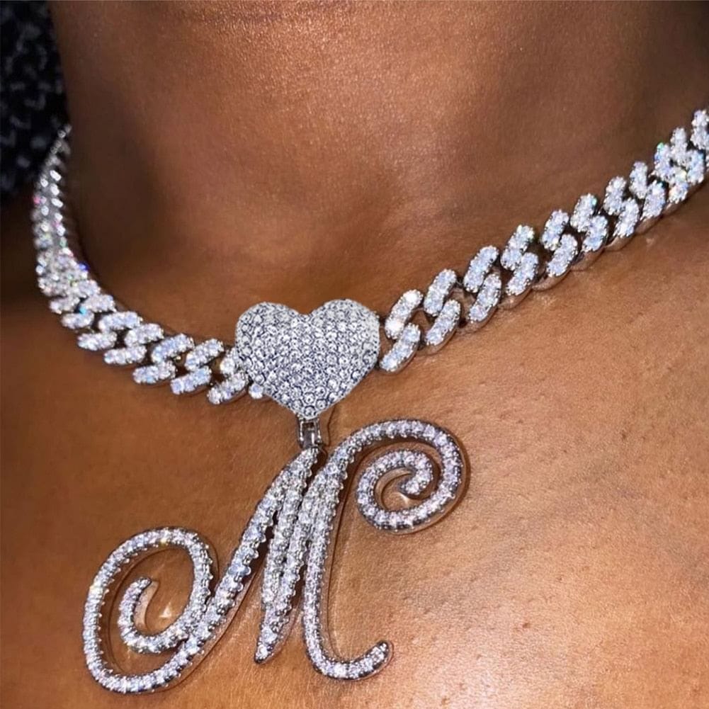 Heart Cursive Initial Pendant with Cuban Necklace